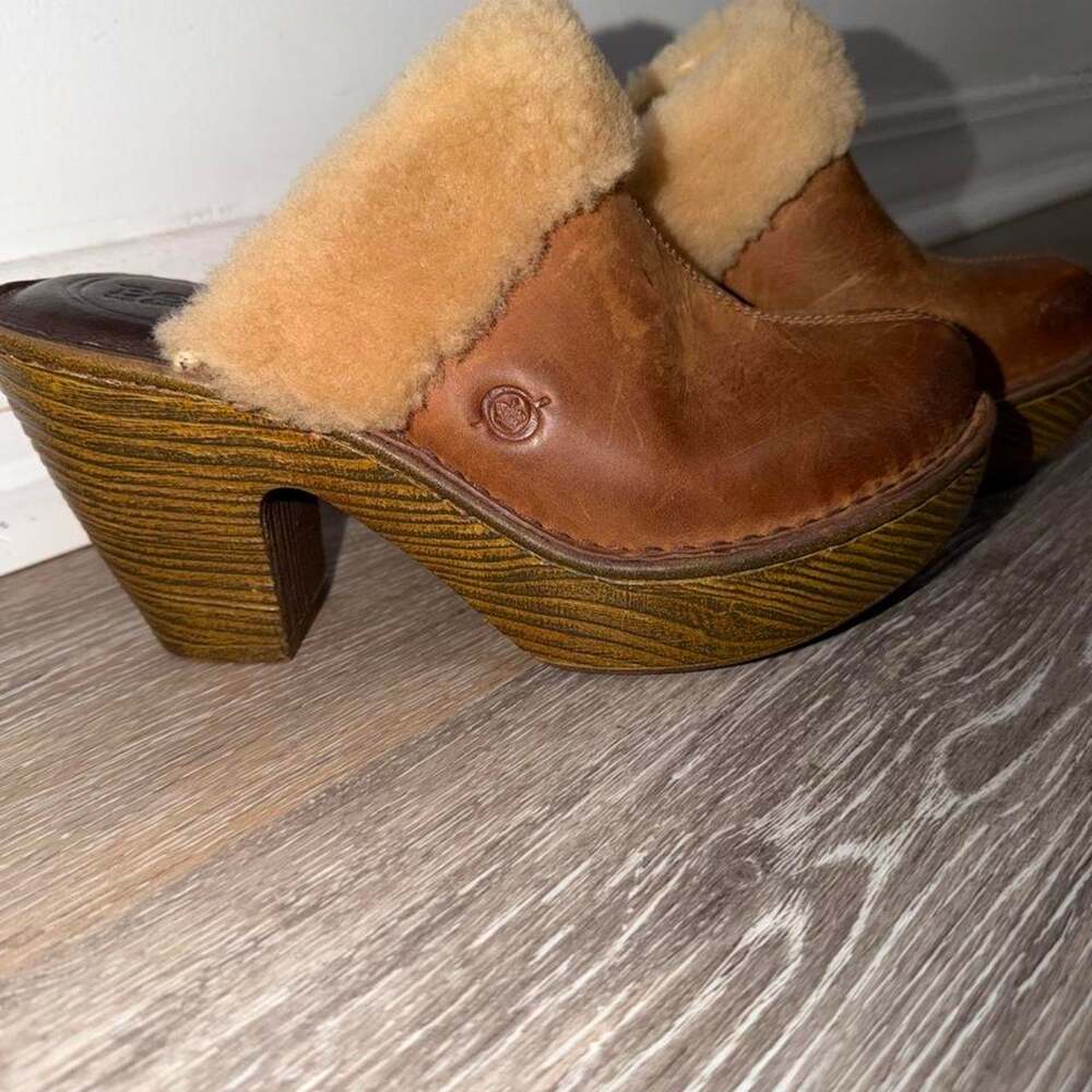 Born Brown Leather Shearling Slip-On Clogs / Mules